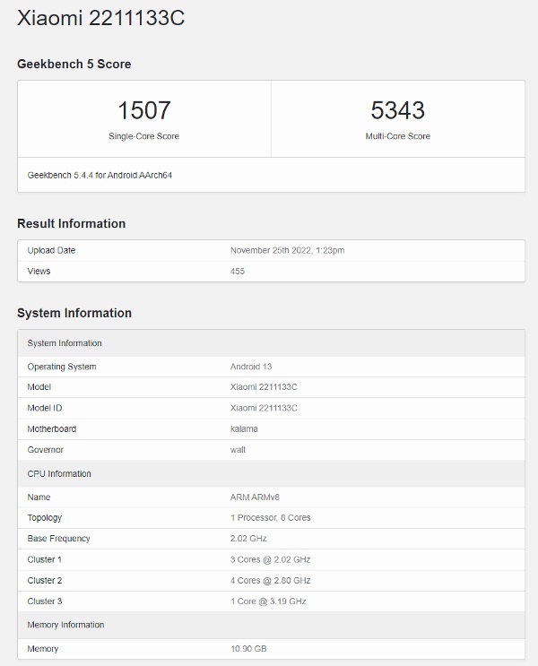 Xiaomi 13 Geekbench 5